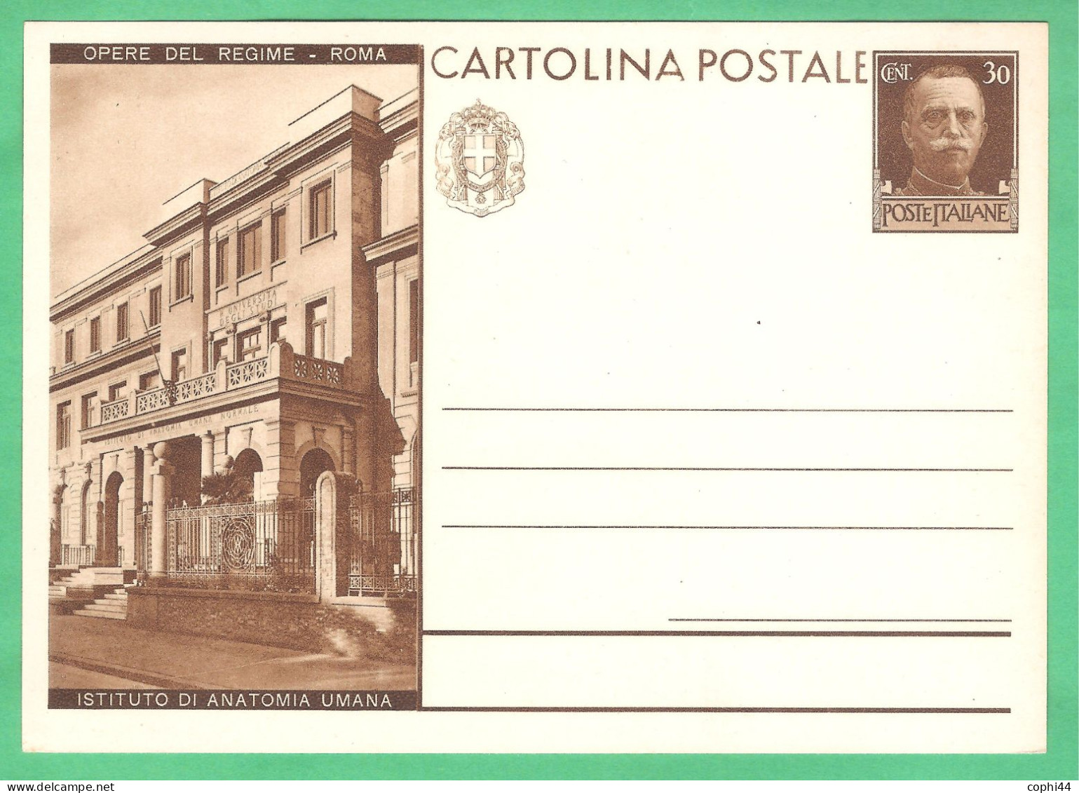 REGNO D'ITALIA 1931 CARTOLINA POSTALE VEIII OPERE DEL REGIME ISTITUTO DI ANATOMIA UM. 30c Bruno (FILAGRANO C70-10) NUOVA - Postwaardestukken