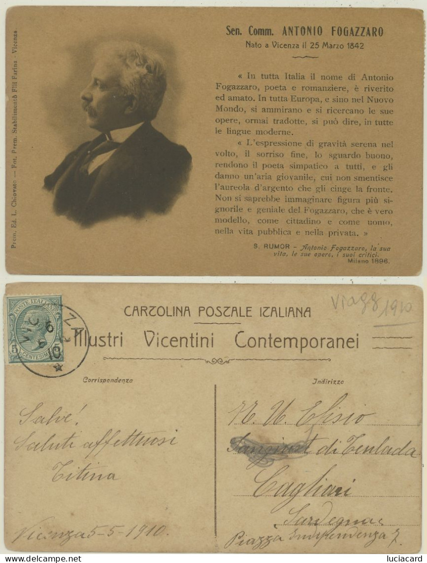 ILLUSTRI VICENTINI -ANTONIO FOGAZZARO POETA SCRITTORE 1910 - Escritores