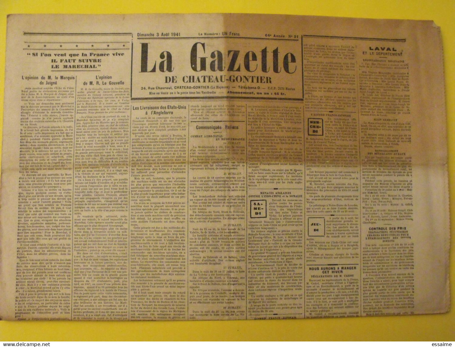 Hebdo La Gazette De Chateau-Gontier. N° 31 Du 3 Août 1941. Maréchal Pétain Collaboration Gerbault Indochine Syrie - Guerra 1939-45