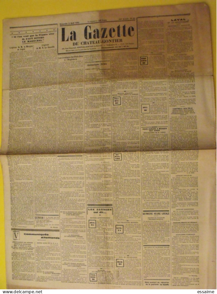 Hebdo La Gazette De Chateau-Gontier. N° 31 Du 3 Août 1941. Maréchal Pétain Collaboration Gerbault Indochine Syrie - War 1939-45