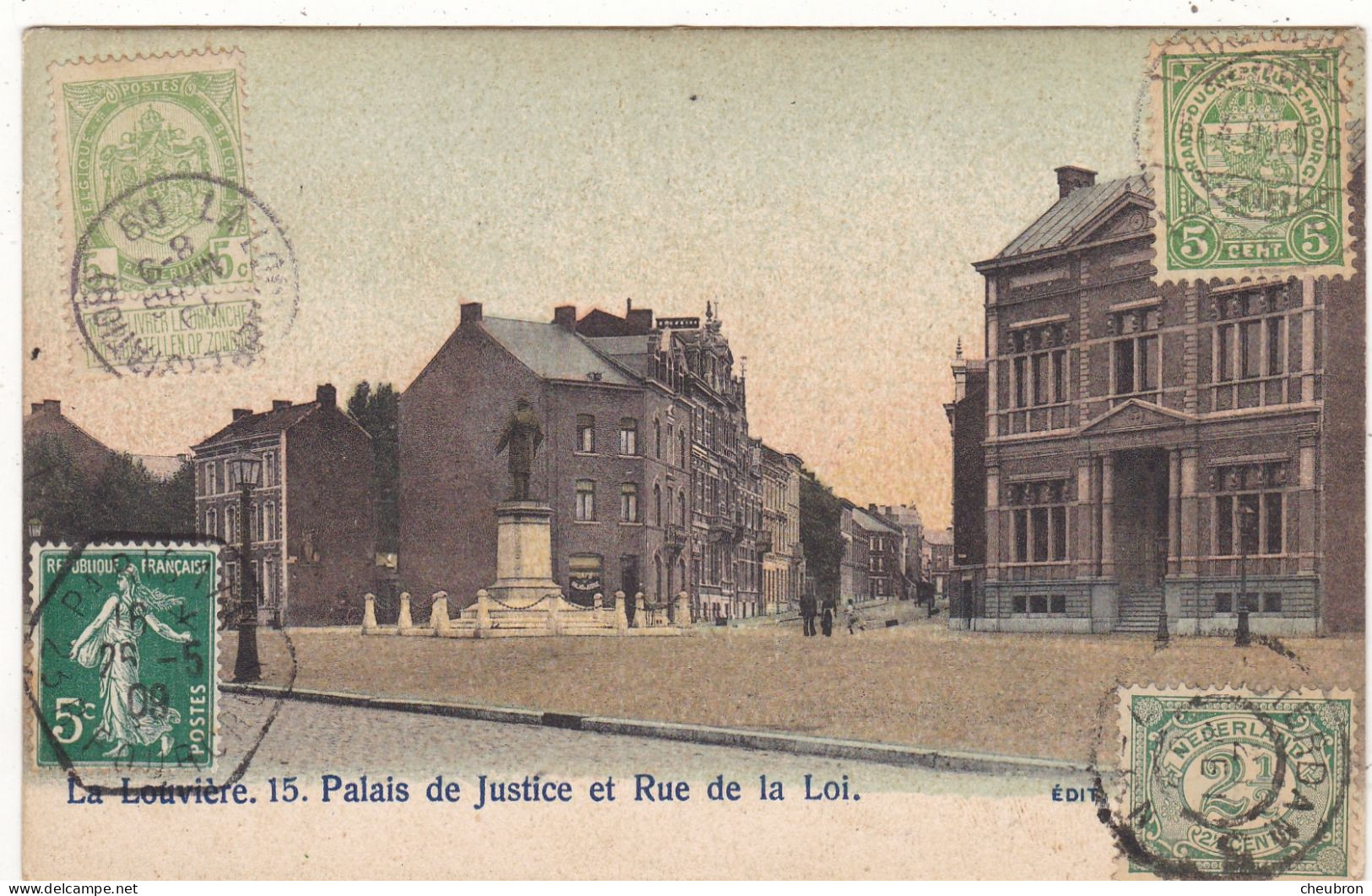 BELGIQUE. LA LOUVIERE.  CPA. PALAIS DE JUSTICE ET RUE DE LA LOI. ANNEE 1908. + TIMBRES - La Louviere