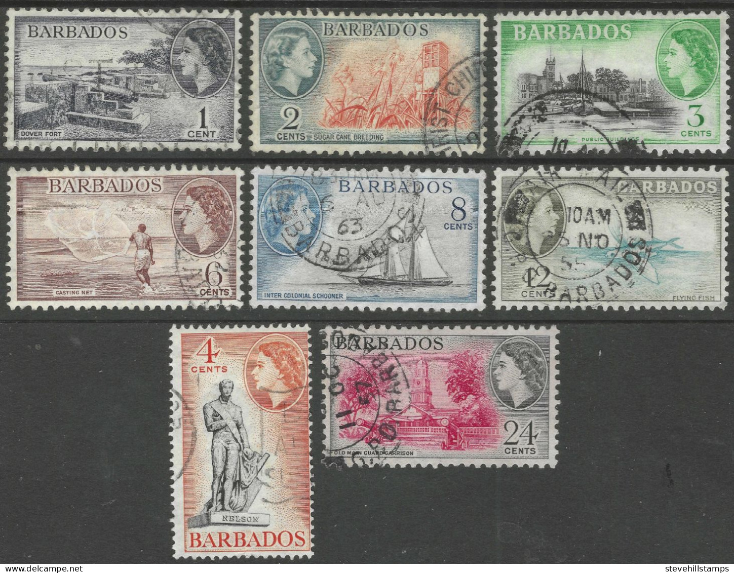 Barbados. 1953-61 QEII. Script CA W/M. 8 Used Values To 48c. SG 289etc M4091 - Barbados (...-1966)