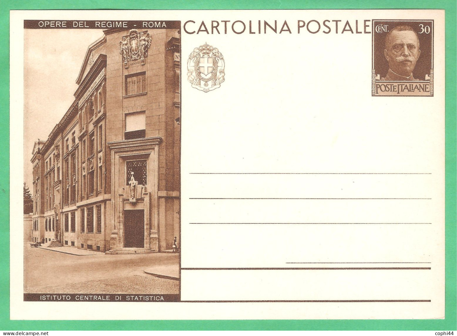 REGNO D'ITALIA 1931 CARTOLINA POSTALE VEIII OPERE DEL REGIME ISTITUTO DI STATISTICA 30 C Bruno (FILAGRANO C70-11) NUOVA - Ganzsachen