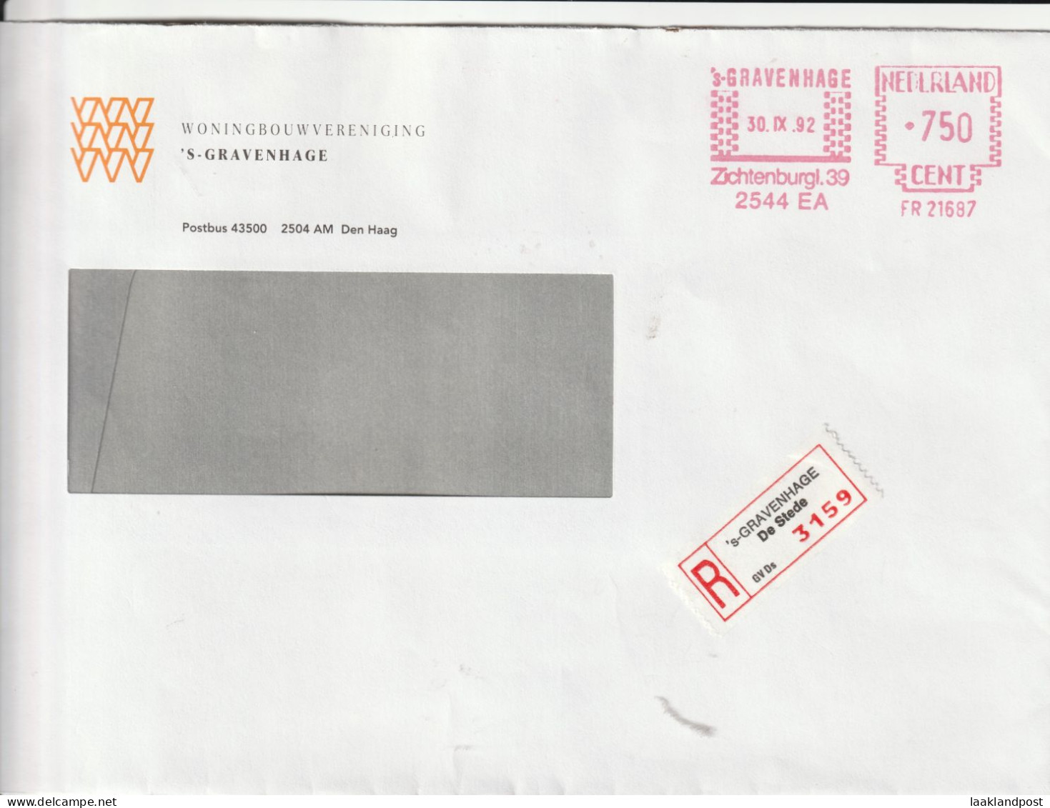 NL Aangetekend R 's-Gravenhage De Stede Woningbouwvereniging 's-Gravenhage 30-11-1992 - Poststempel