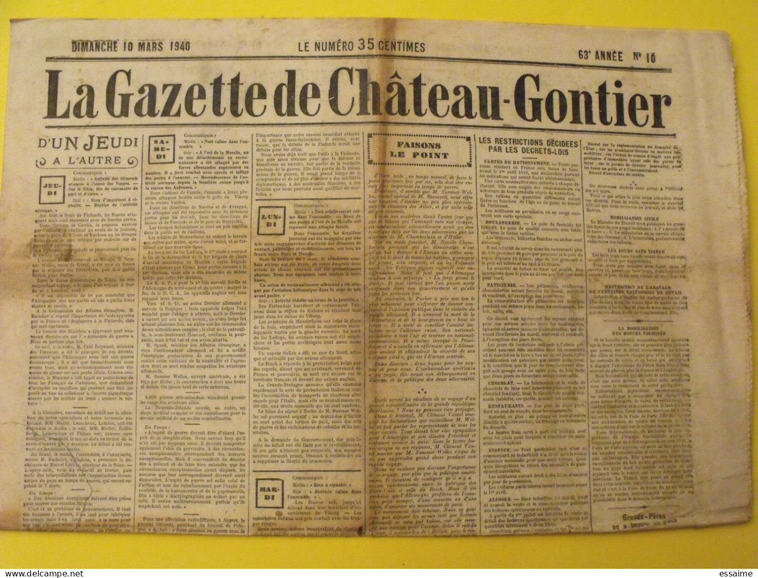 Hebdo La Gazette De Chateau-Gontier. N° 10 Du 10 Mars 1940. Restrictions Guerre Finlande Russie Aage De Danemark - Guerre 1939-45