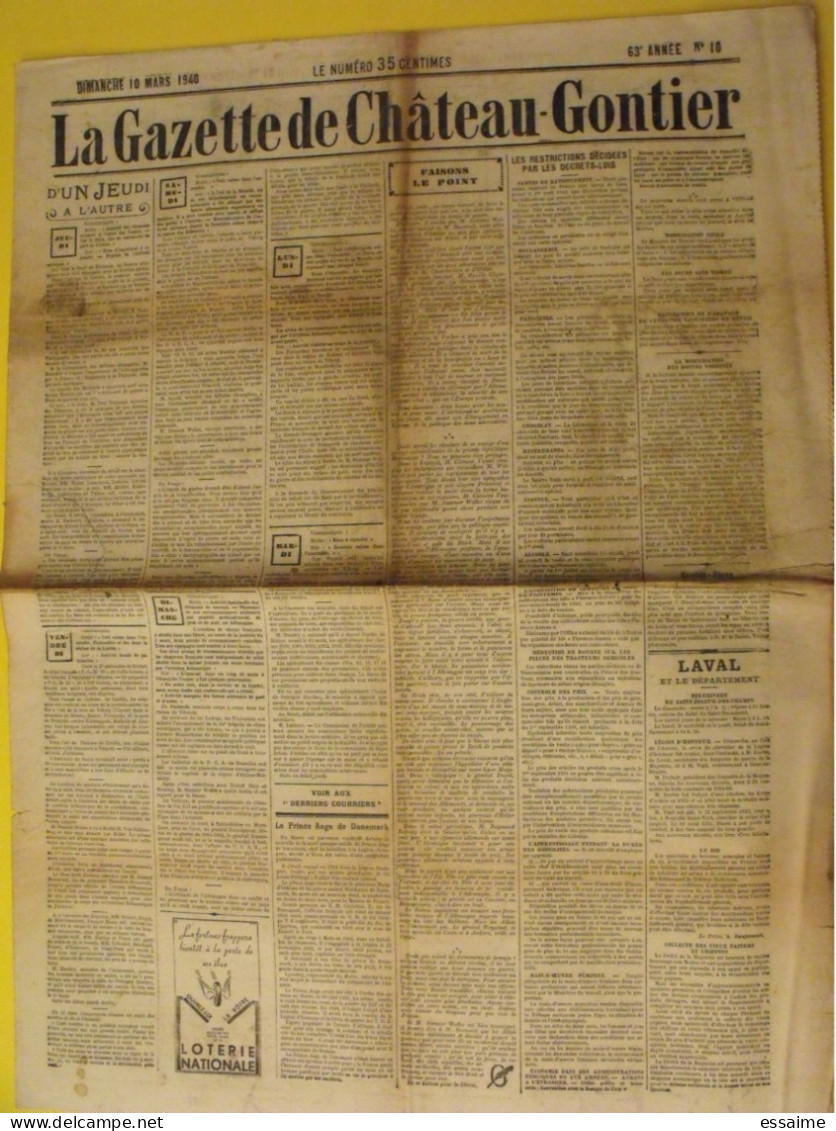 Hebdo La Gazette De Chateau-Gontier. N° 10 Du 10 Mars 1940. Restrictions Guerre Finlande Russie Aage De Danemark - Guerre 1939-45