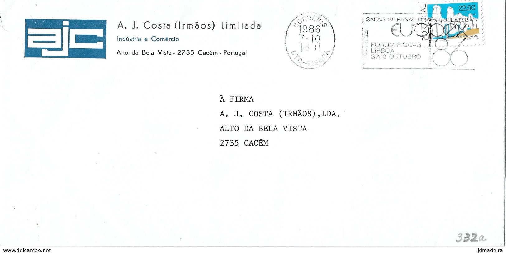 Portugal Cover EUROPEX'86 Slogan Cancel - Briefe U. Dokumente