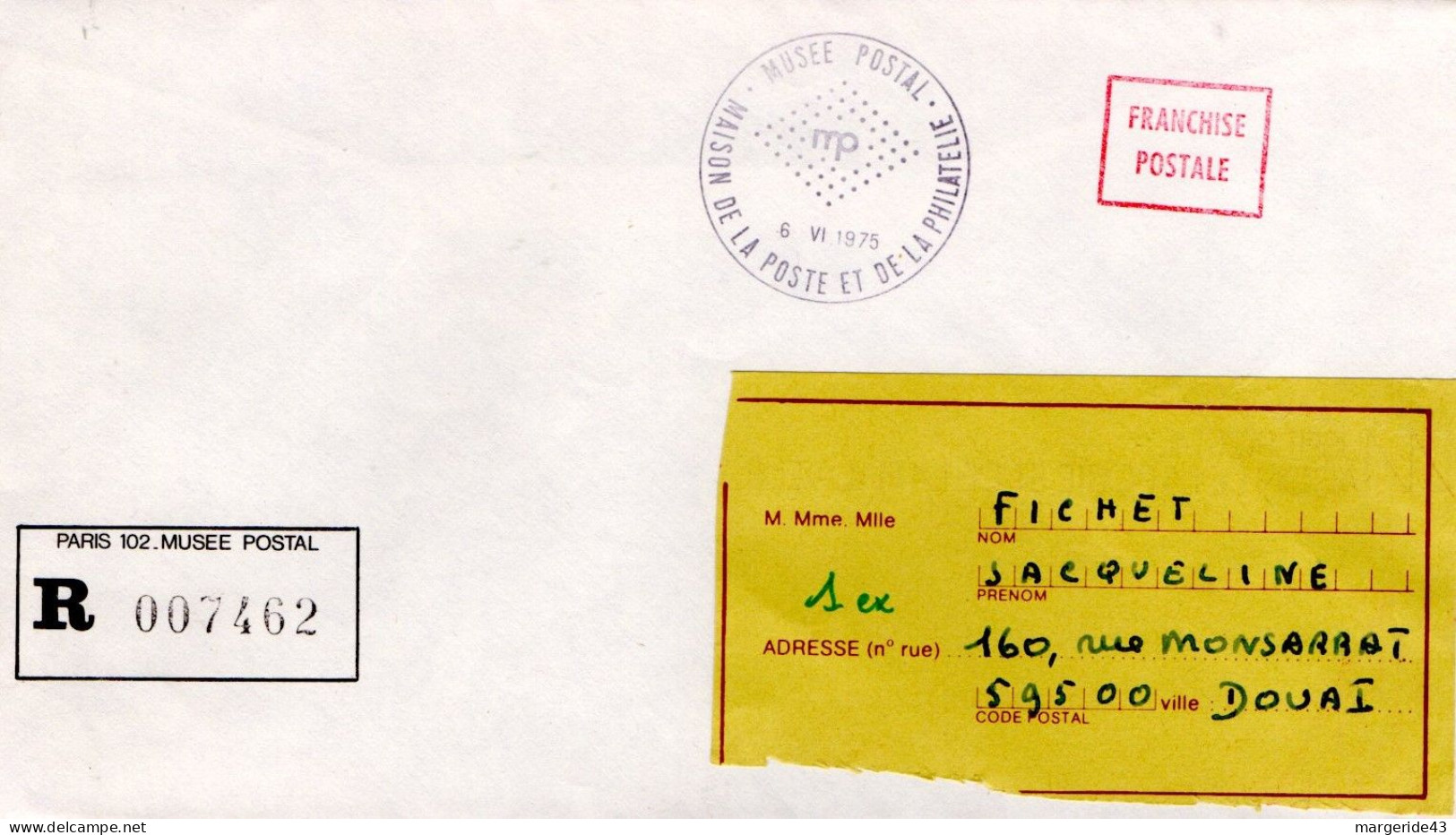 LETTRE EN FRANCHISE POSTALE EN......RECOMMANDEE DE PARIS 102 MUSEE POSTAL 1975 - Tariffe Postali