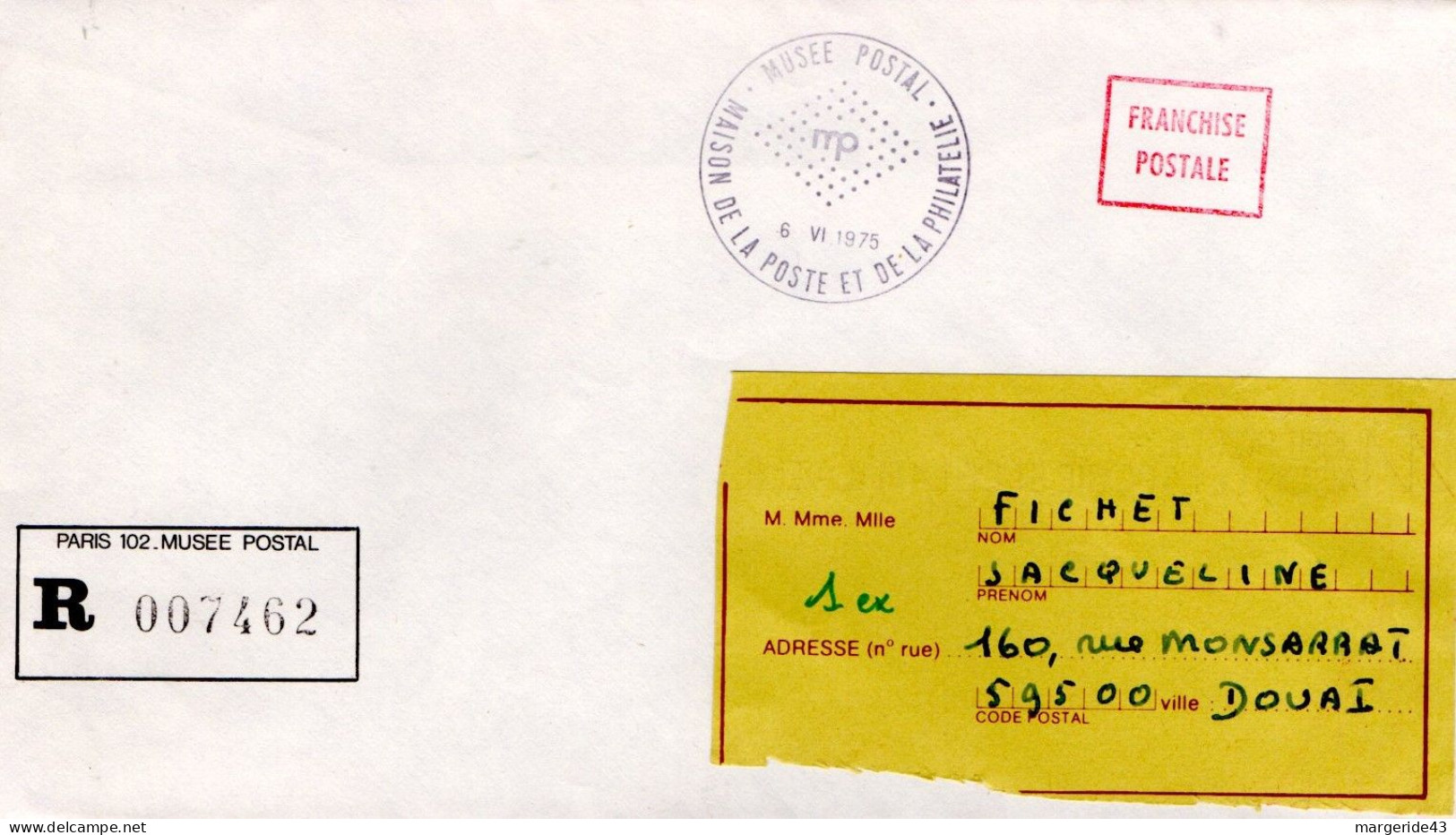 LETTRE EN FRANCHISE POSTALE EN......RECOMMANDEE DE PARIS 102 MUSEE POSTAL 1975 - Postal Rates