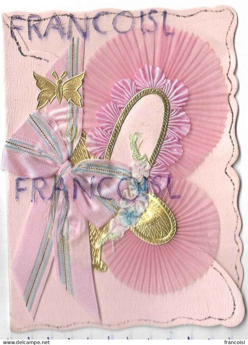 Carte Double Artisanale. Collage De Tissu, Carton Doré Et Ruban Rose. Paillettes - San Valentino