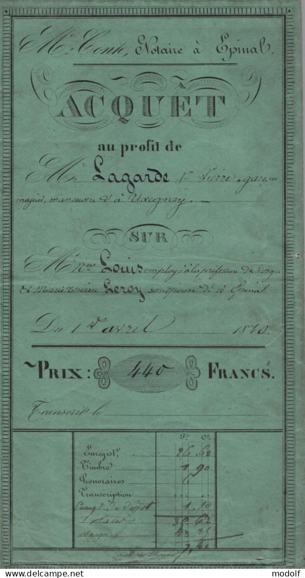 Lot De 5 Actes D'acquet De 1840 à 1855 - Epinal - Manuscritos