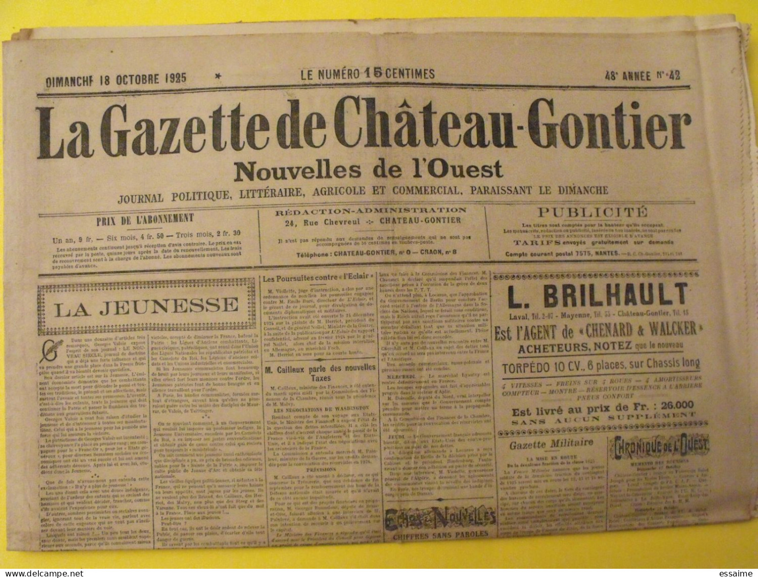 Hebdo La Gazette De Chateau-Gontier. N° 42 Du 18 Octobre 1925. Caillaux Lois Laïques Herriot - Pays De Loire