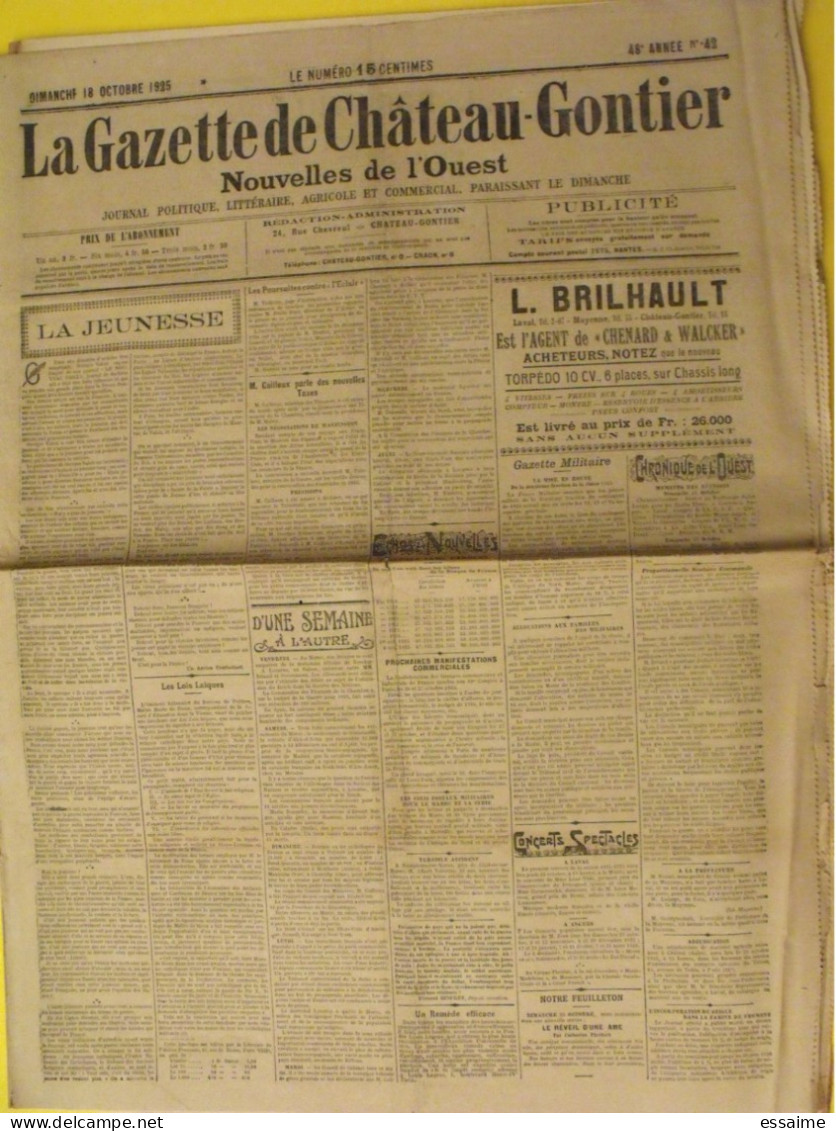 Hebdo La Gazette De Chateau-Gontier. N° 42 Du 18 Octobre 1925. Caillaux Lois Laïques Herriot - Pays De Loire