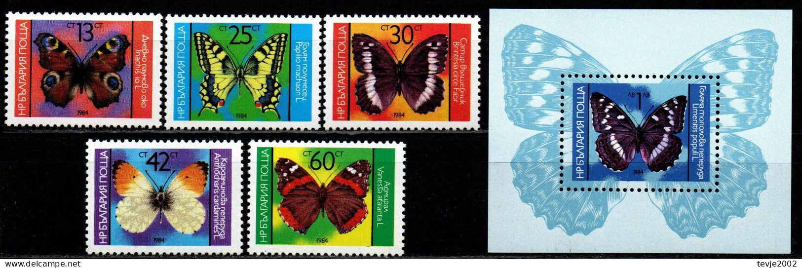 Bulgarien 1984 - Mi.Nr. 3316 - 3320 + Block 148 - Postfrisch MNH - Tiere Animals Schmetterlinge Butterflies - Vlinders