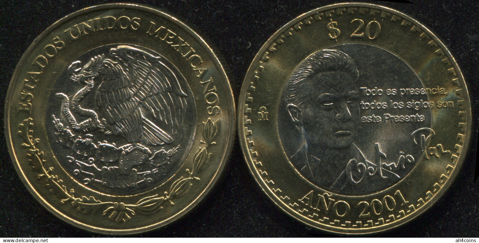Mexico 20 Pesos. 2001 (Bi-Metallic. Coin KM#638. Unc) Octavio Paz - Messico