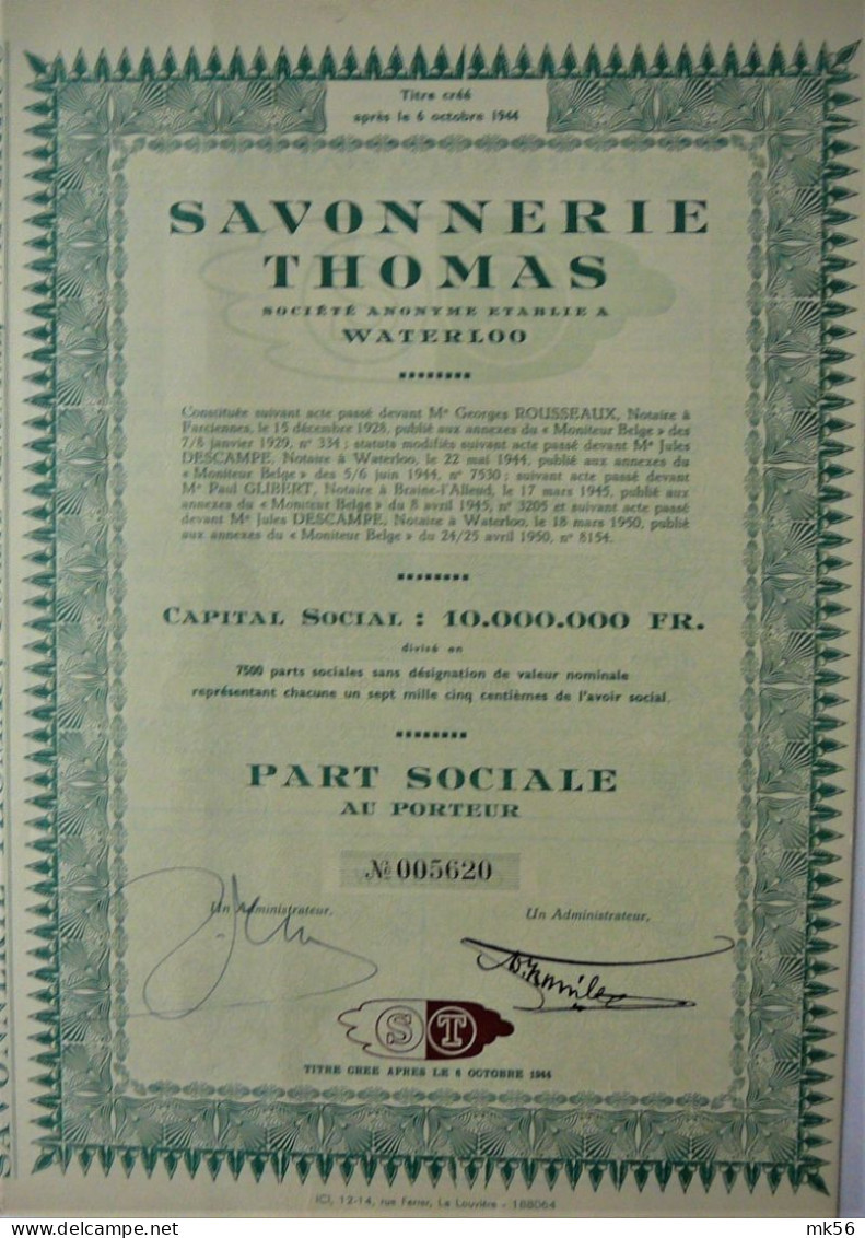 S.A. Savonnerie Thomas - Part Sociale (Waterloo) - Altri & Non Classificati