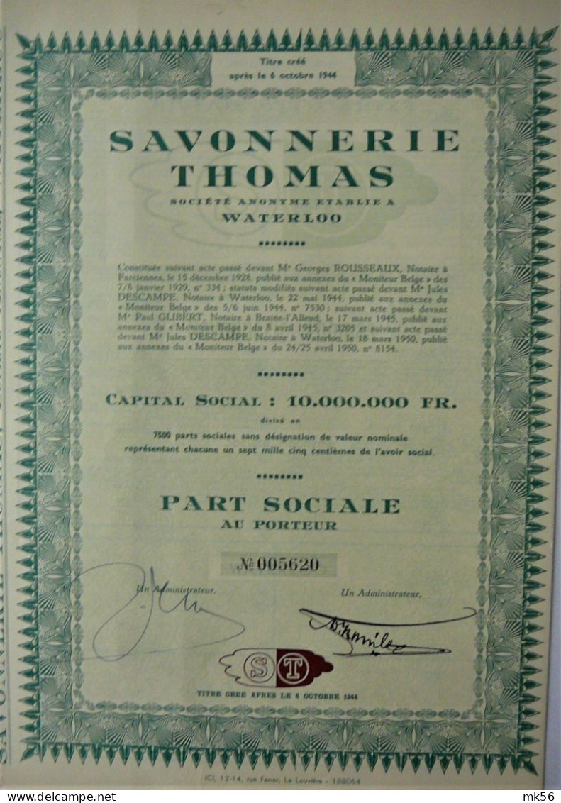 S.A. Savonnerie Thomas - Part Sociale (Waterloo) - Andere & Zonder Classificatie