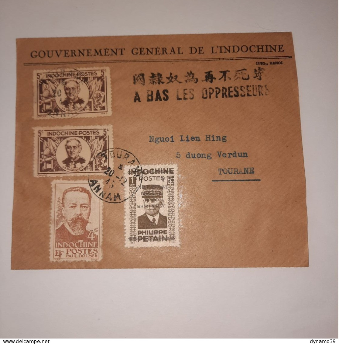 03K6 RARE - ANCIENNE LETTRE ENVELOPPE INDOCHINE 1945 CACHET A BAS LES OPPRESSEURS - Otros - Asia