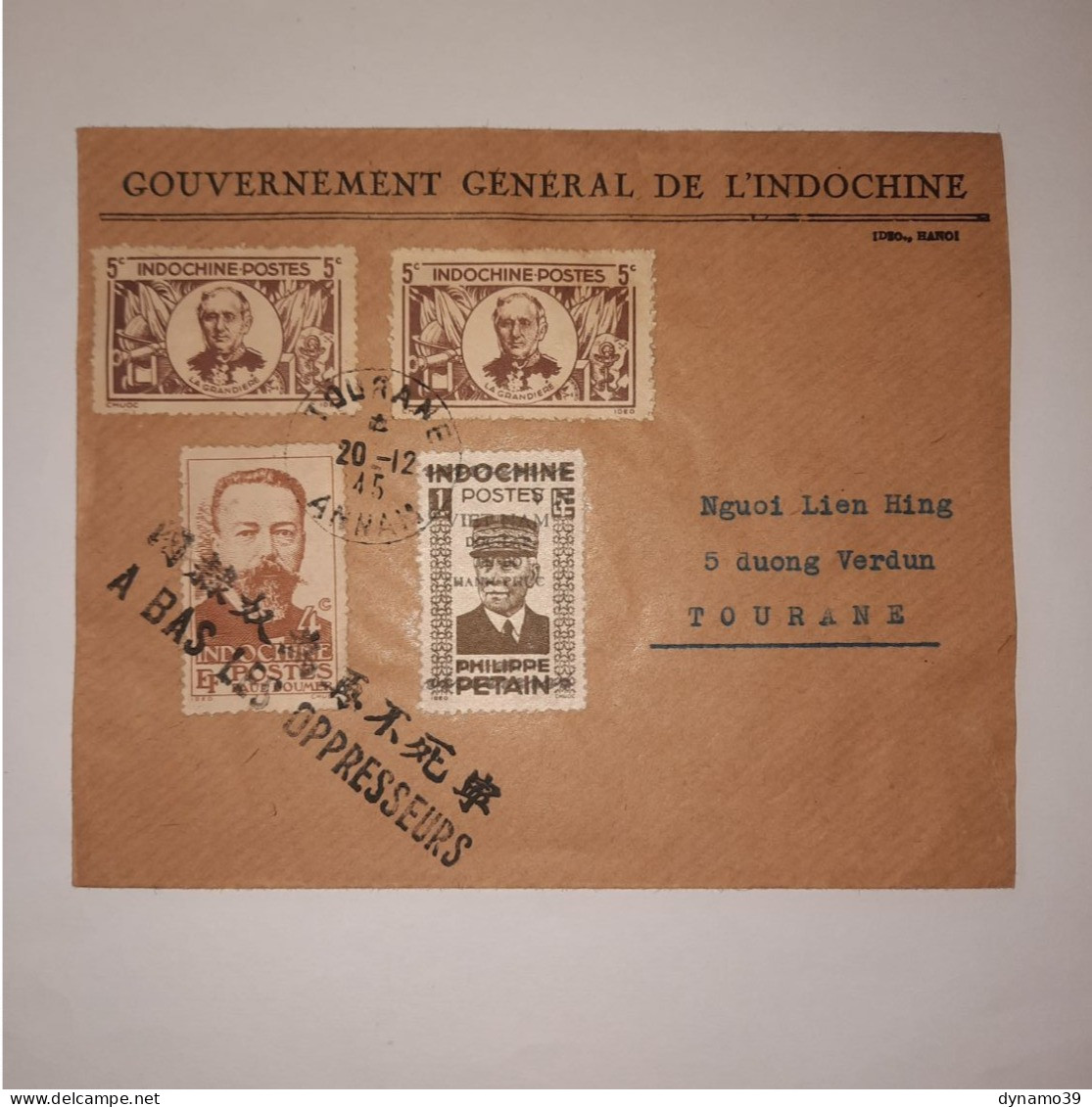 03K6 RARE - ANCIENNE LETTRE ENVELOPPE INDOCHINE 1945 CACHET A BAS LES OPPRESSEURS - Otros - Asia