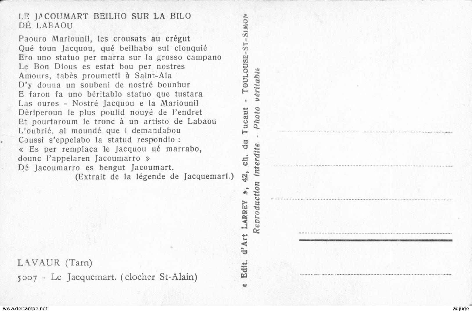 CPSM* 81* LAVAUR * Le Jacquemart - Clocher St-Alain "Le Jacoumart Beilho Sur La Bilo Dé Labaou" 2 Scans - Lavaur