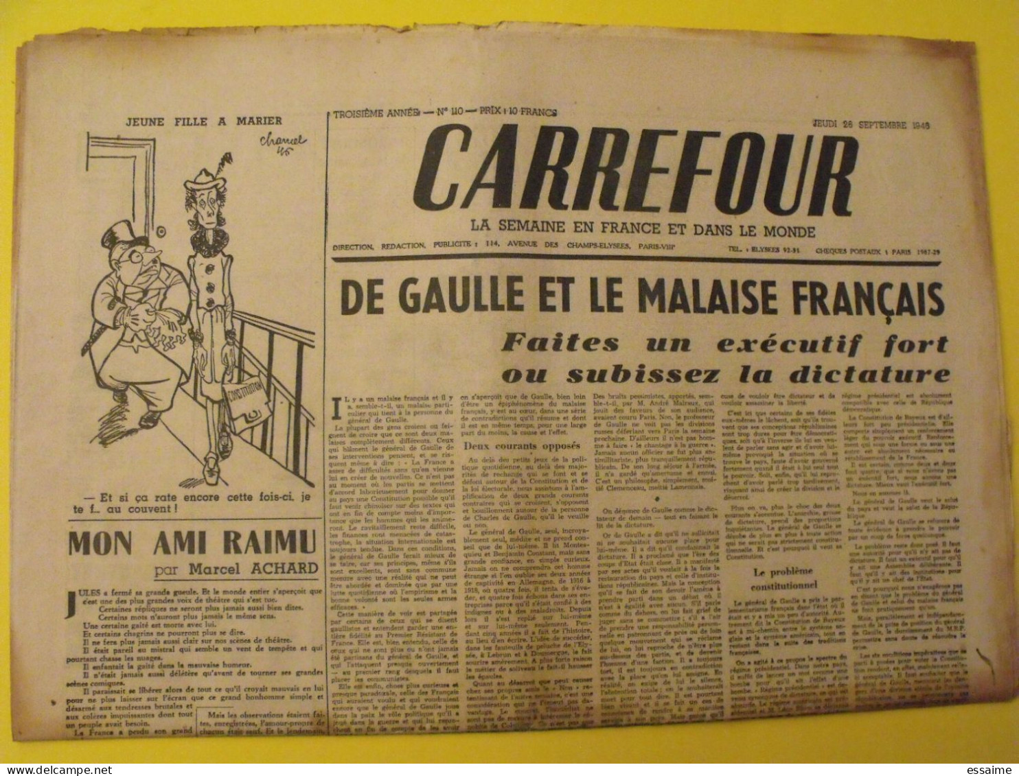 Hebdo Carrefour. N° 110 Du 26 Septembre 1946. De Gaulle Raimu Achard Ruée Vers L'or Et Le Tabac Poulbot - Andere & Zonder Classificatie