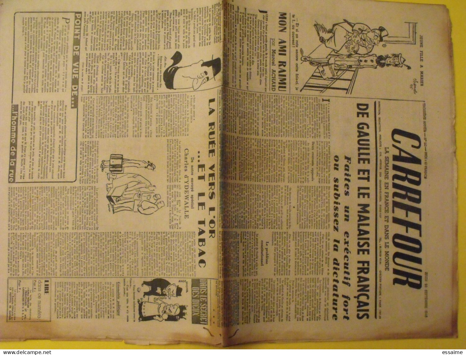 Hebdo Carrefour. N° 110 Du 26 Septembre 1946. De Gaulle Raimu Achard Ruée Vers L'or Et Le Tabac Poulbot - Andere & Zonder Classificatie