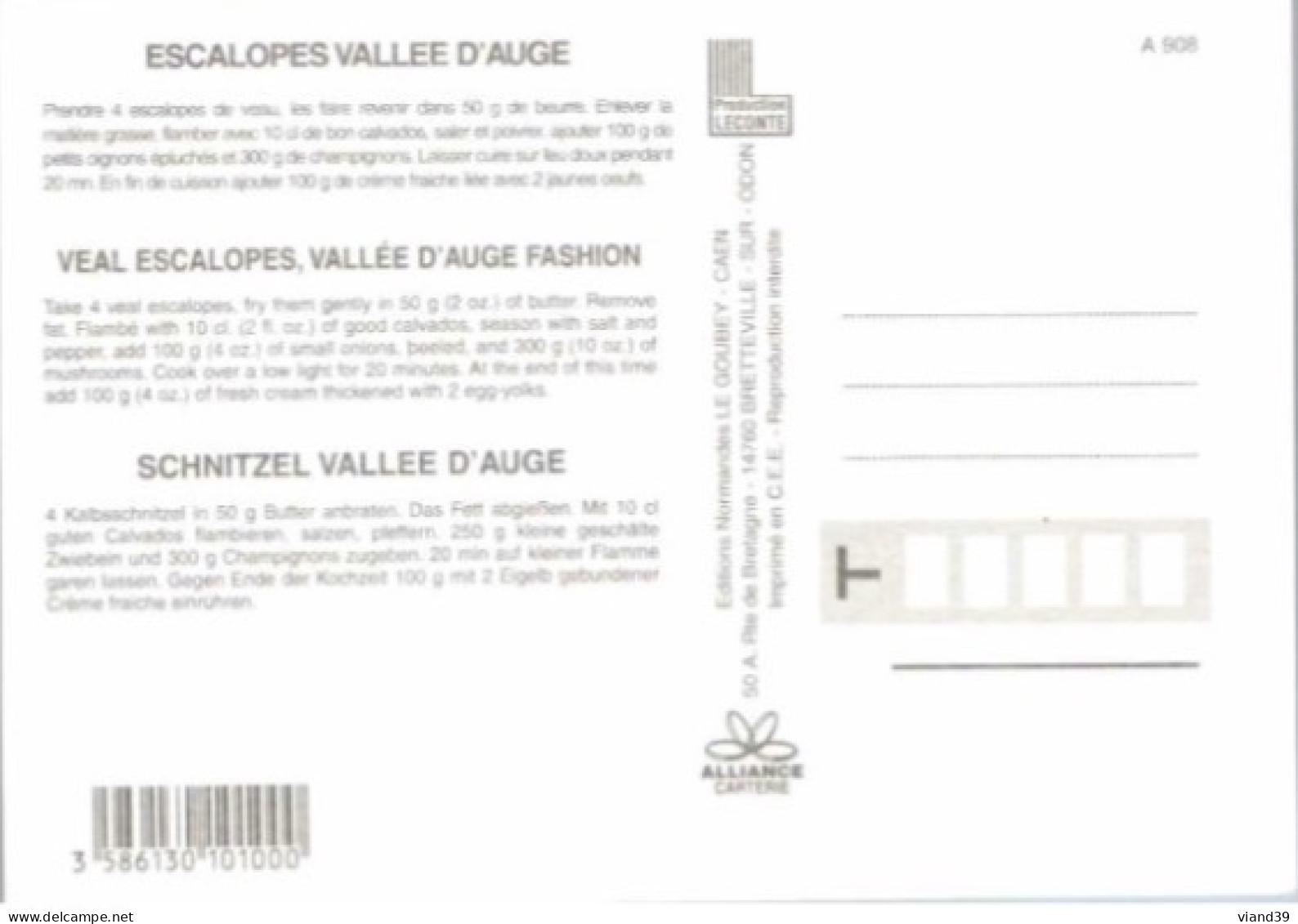 ESCALOPE VALLEE D'AUGE. -    Recettes De Cuisine Normande  - CPM - Voir Scannes Recto-Verso - Recipes (cooking)