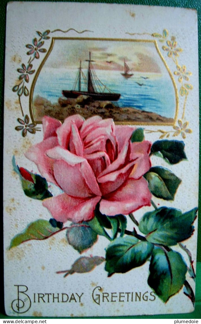 CPA  GAUFREE ROSE ET PAYSAGE MARIN . VOILIER  FLOWERS . PINK ROSE . BOAT  OLD  EMBOSSED PC - Flowers