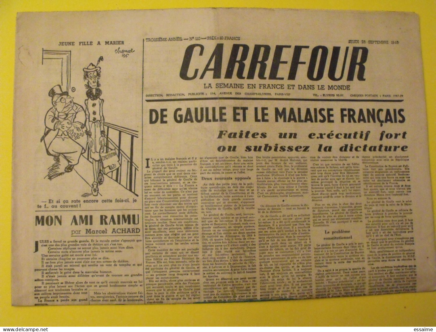 Hebdo Carrefour. N° 110 Du 26 Septembre 1946. De Gaulle Raimu Achard Ruée Vers L'or Et Le Tabac Poulbot - Other & Unclassified