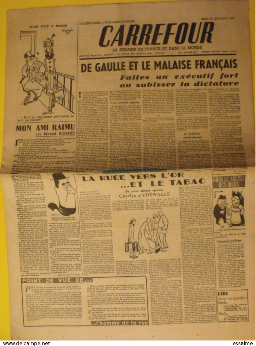 Hebdo Carrefour. N° 110 Du 26 Septembre 1946. De Gaulle Raimu Achard Ruée Vers L'or Et Le Tabac Poulbot - Other & Unclassified