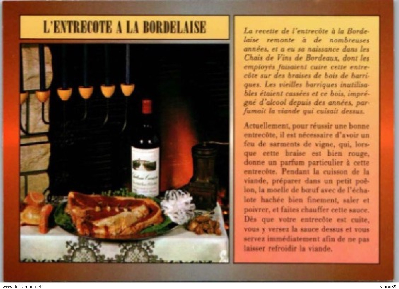 ENTRECOTE à La BORDELAISE.  -    Recettes De Cuisine  - CPM - Voir Scannes Recto-Verso - Recetas De Cocina