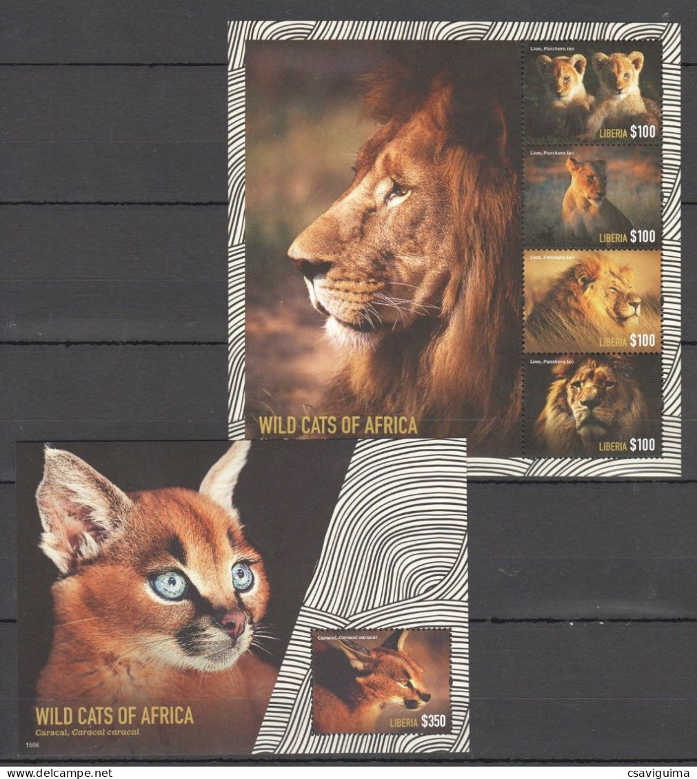 Liberia - 2015 - Wild Cats Of Africa - Yv 5460H/L + Bf 676A - Félins