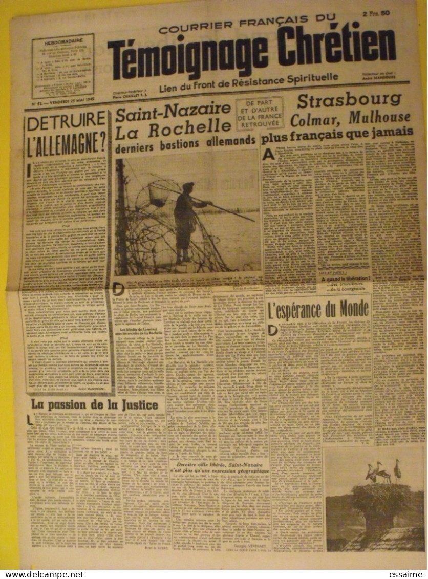 Courrier Français Du Témoignage Chrétien N° 52 Du 25 Mai 1945. Saint Nazaire La Rochelle Strasbourg Mulhouse Mandouze - War 1939-45