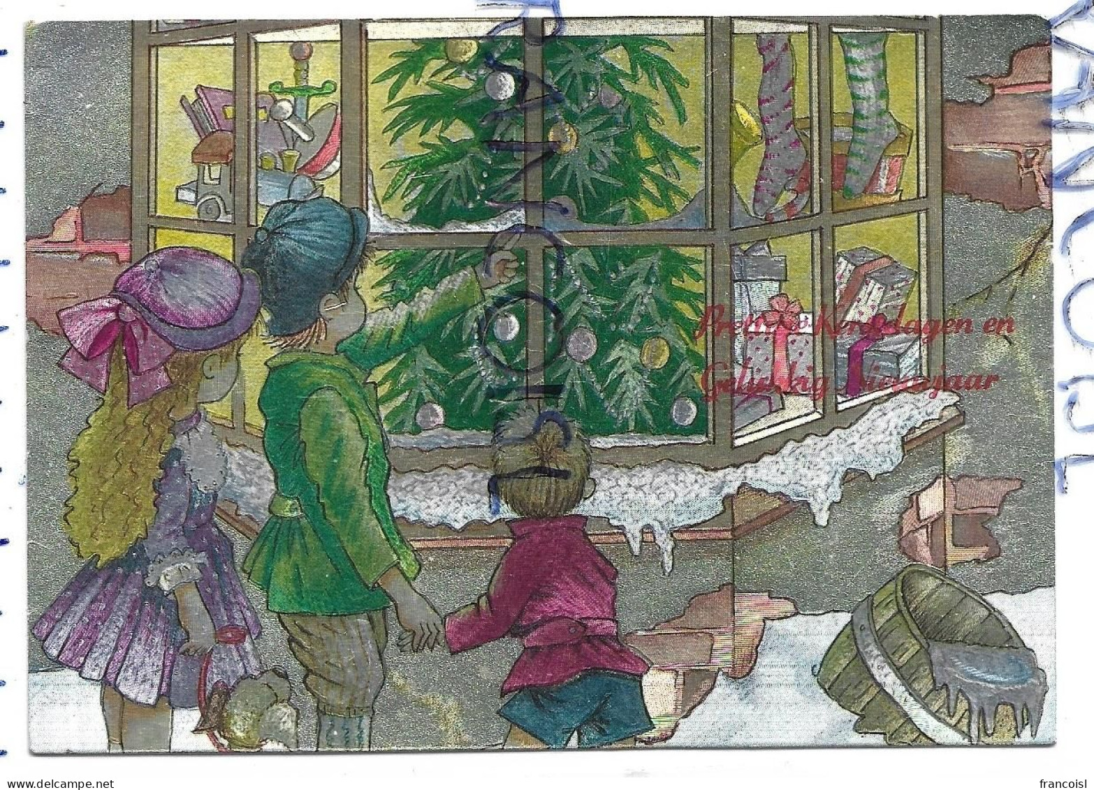 3 Enfants Et Un Chien Devant Un Magasin De Jouets:" Prettige Kerstdagen En Gelukkig Nieuwjaar". Argentée - Angeli