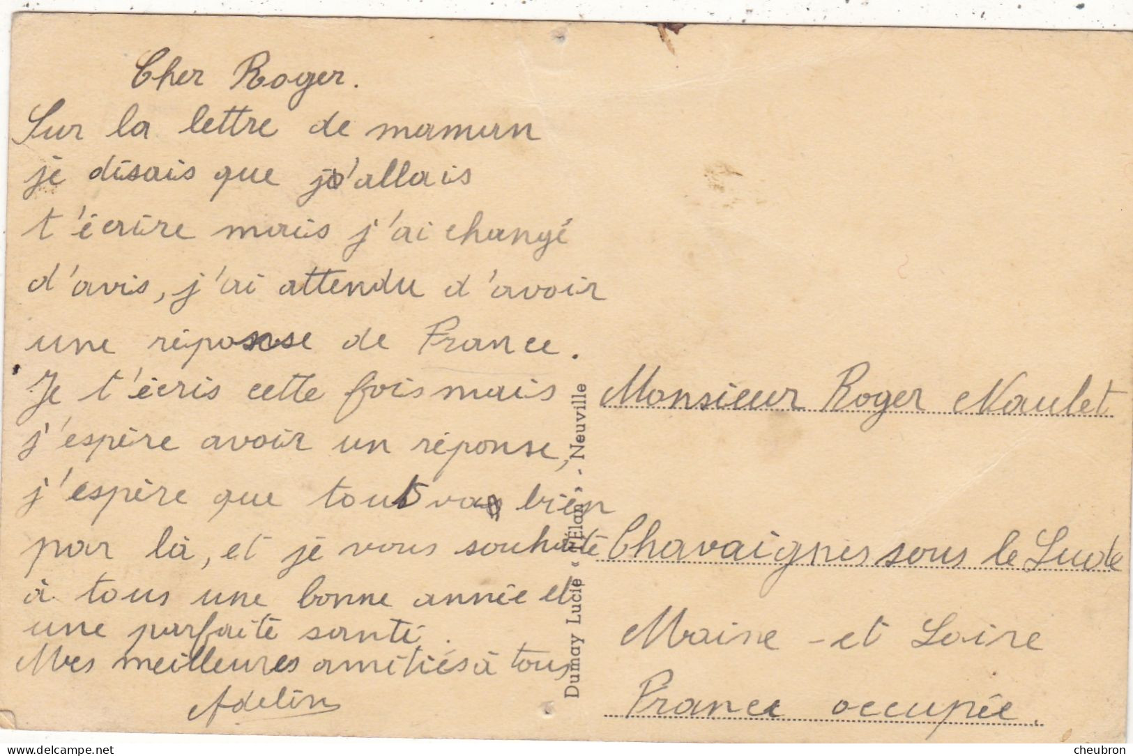 BELGIQUE. NEUVILLE. CPA. MAISON COMMUNALE. CORRESPONDANCE A DESTINATION CHAVAIGNES (49)FRANCE OCCUPEE - Neupré