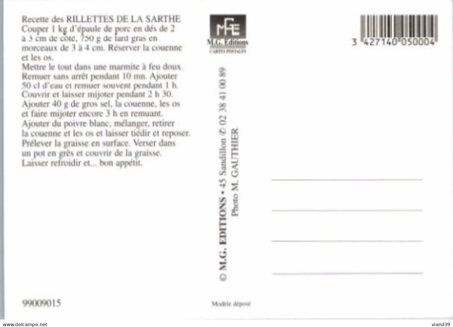 RILLETTES De La SARTHE.  -    Recettes De Cuisine  - CPM - Voir Scannes Recto-Verso - Recepten (kook)