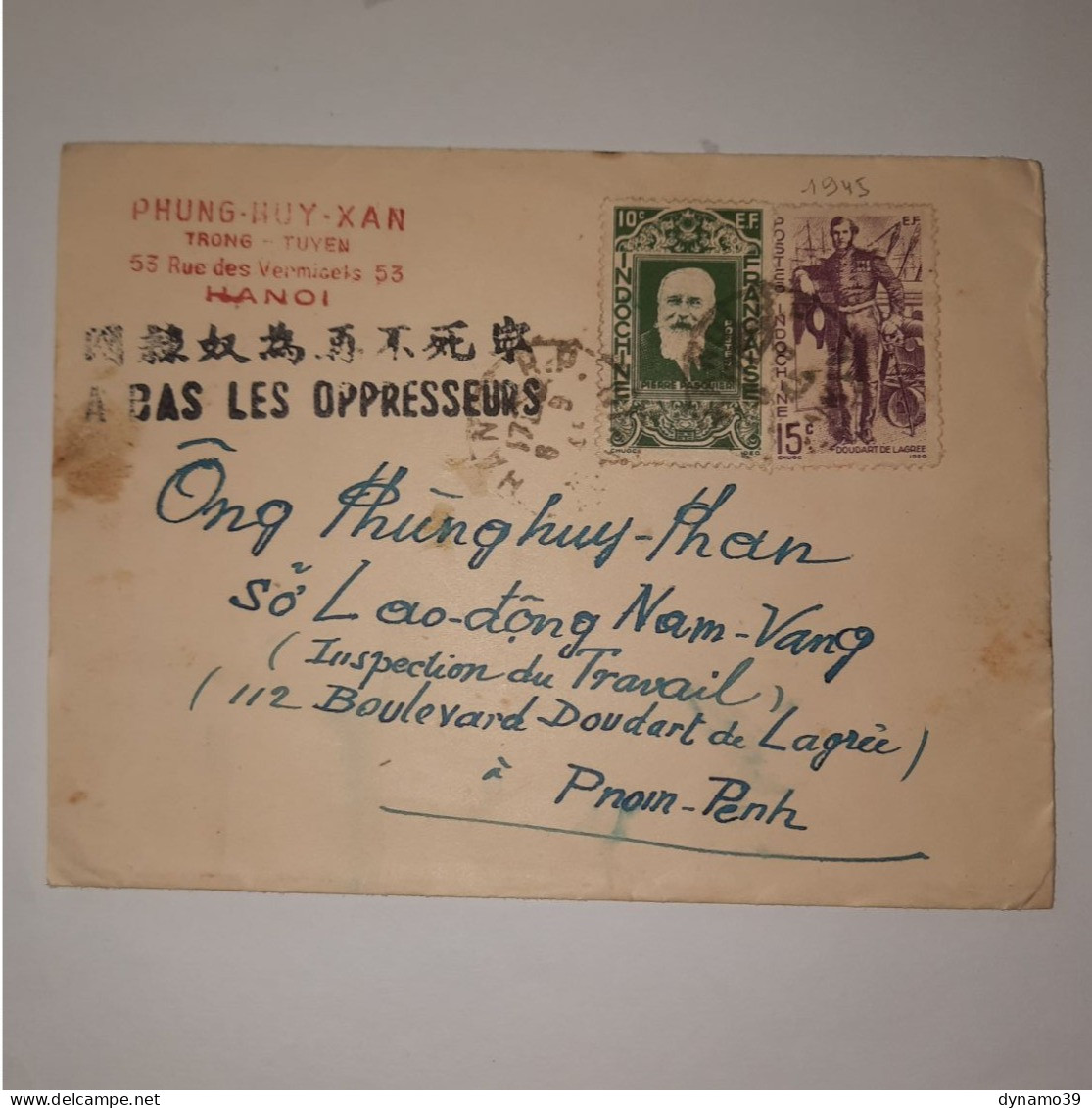 03K6 RARE - ANCIENNE LETTRE ENVELOPPE INDOCHINE 1945 CACHET A BAS LES OPPRESSEURS - Sonstige - Asien