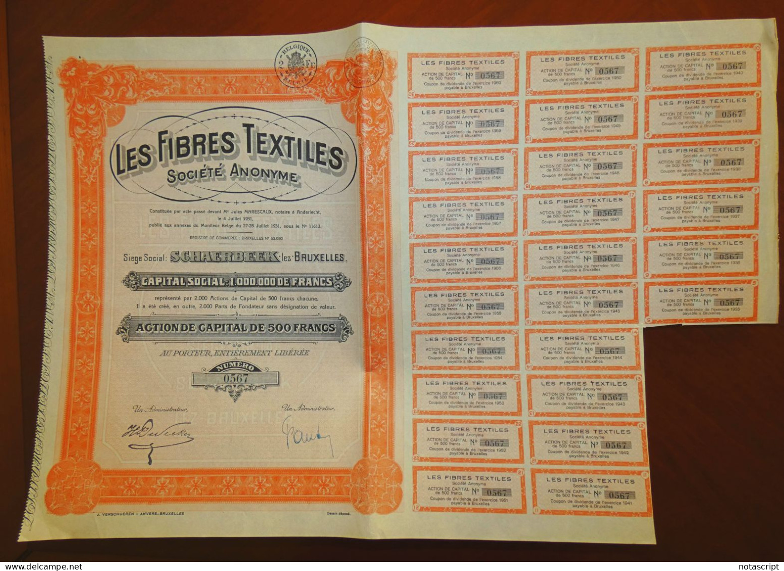 Les Fibres Textiles 1931 Schaerbeek,Brussels  Share Certificate - Textile