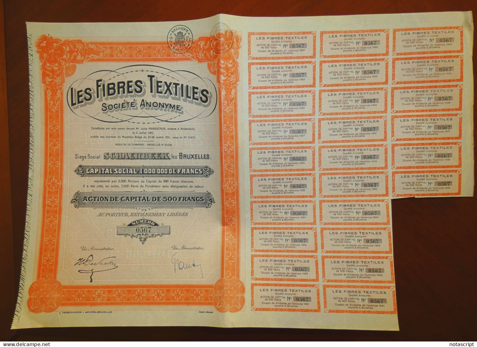 Les Fibres Textiles 1931 Schaerbeek,Brussels  Share Certificate - Tessili