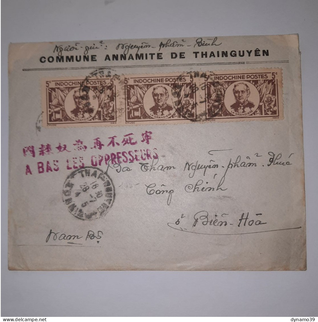 03K6 RARE - ANCIENNE LETTRE ENVELOPPE INDOCHINE 1945 CACHET A BAS LES OPPRESSEURS - Altri - Asia