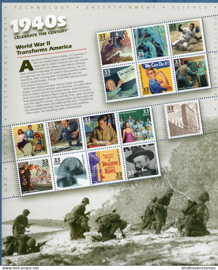 USA 1999 Celebrate The Century 1940's Block MNH Antibiotics, Jackie Robinson, Truman, TV, Jitterbug, Gi Bill, Big Bands, - Blocs-feuillets