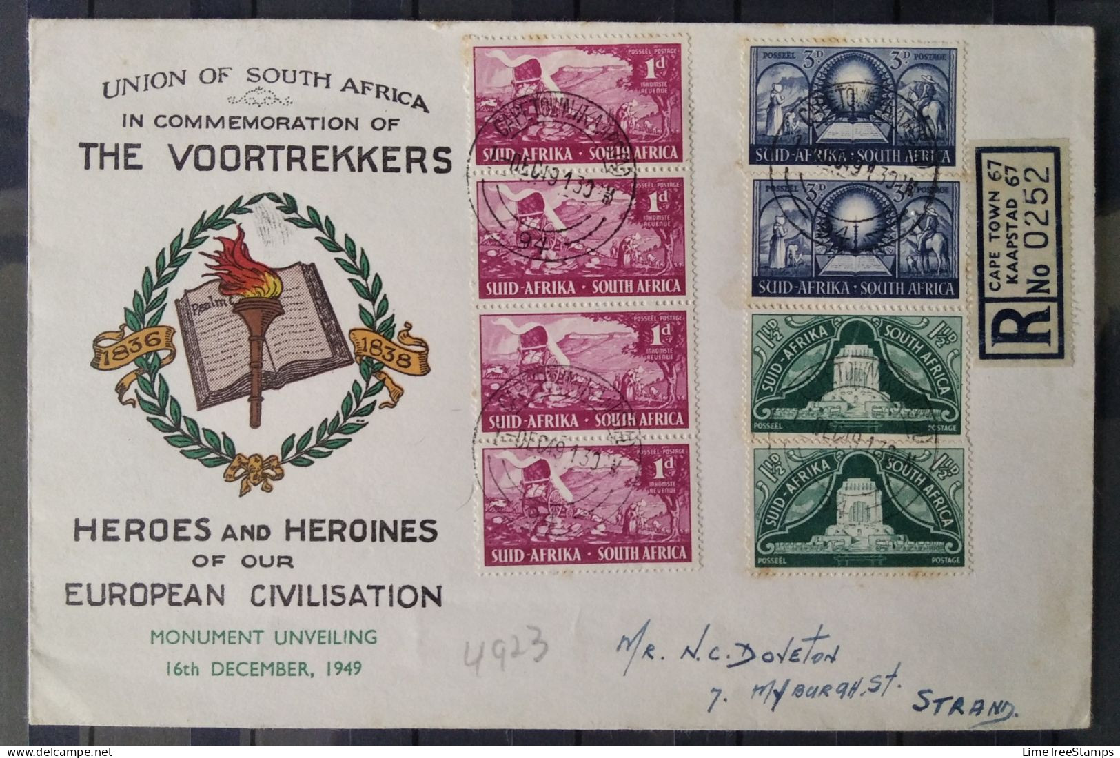 SOUTH AFRICA 1949 Voortrekker Monument Unveiling Registered FDC (01 Dec 1949) - Briefe U. Dokumente
