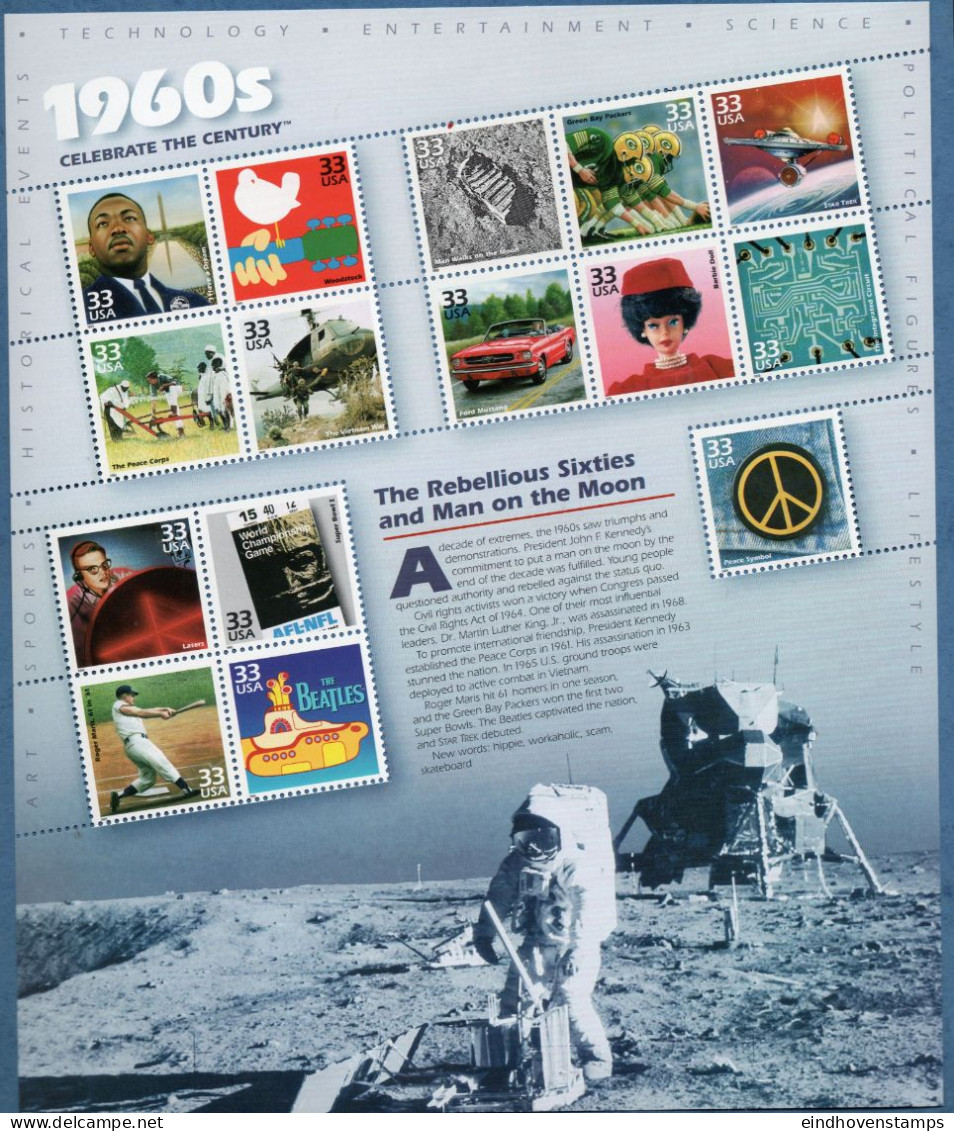 USA 1999 Celebrate The Century 1960's Block MNH Luther King, Woodstock, Peace Corps, Vietnam War, Moon Walk, Star Trek - Hojas Bloque