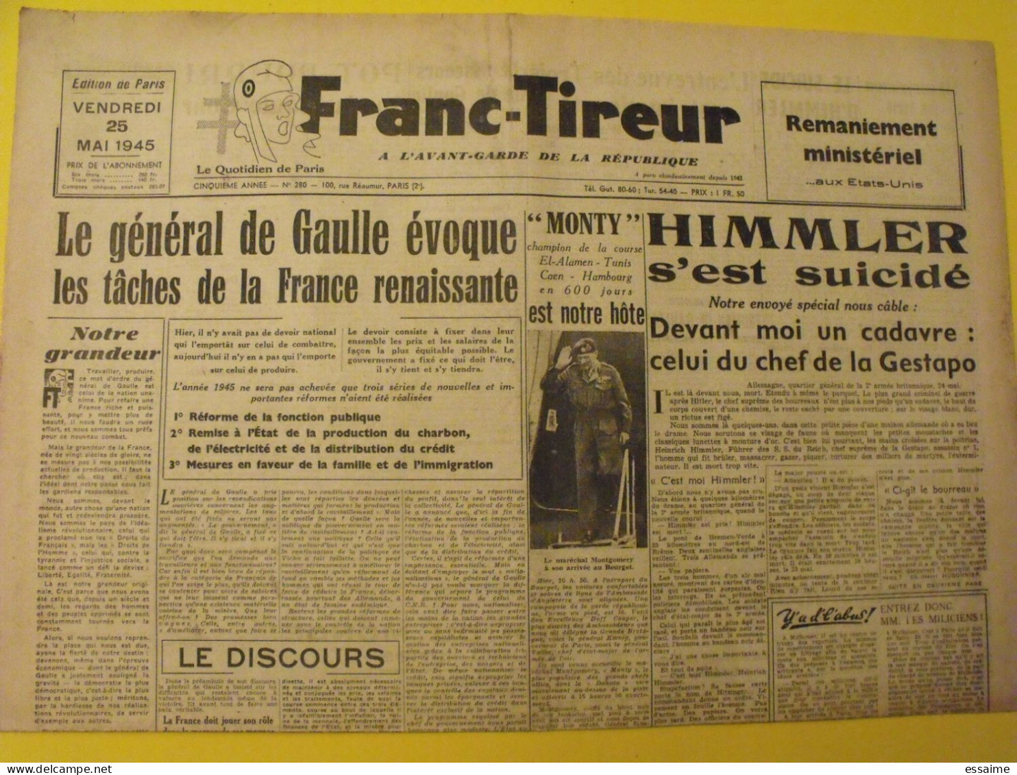 Franc-tireur N° 280 Du 25 Mai 1945. De Gaulle Montgomery Himmler Suicide Dachau Allach Miliciens épuration - Sonstige & Ohne Zuordnung