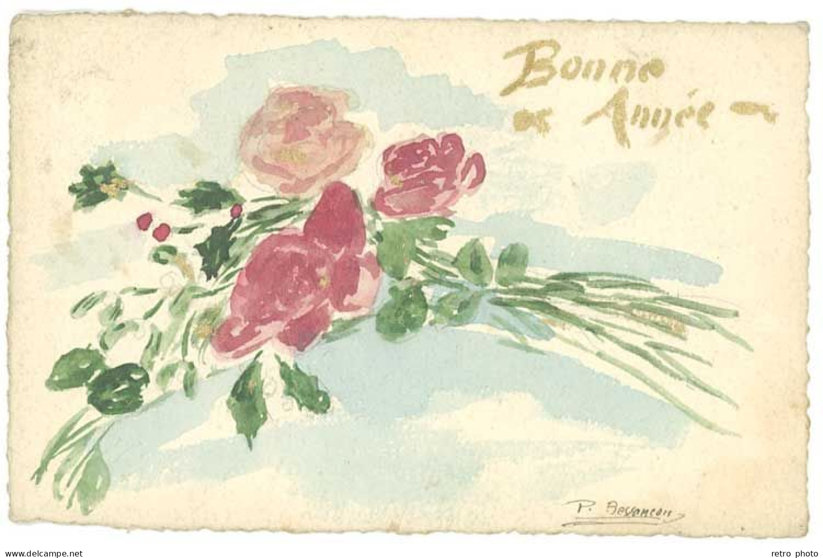 Cpa Fantaisie Dessinée Main - Bonne Année, Bouquet De Fleurs - Signée Bevencon (?)    ( ILL ) - Other & Unclassified