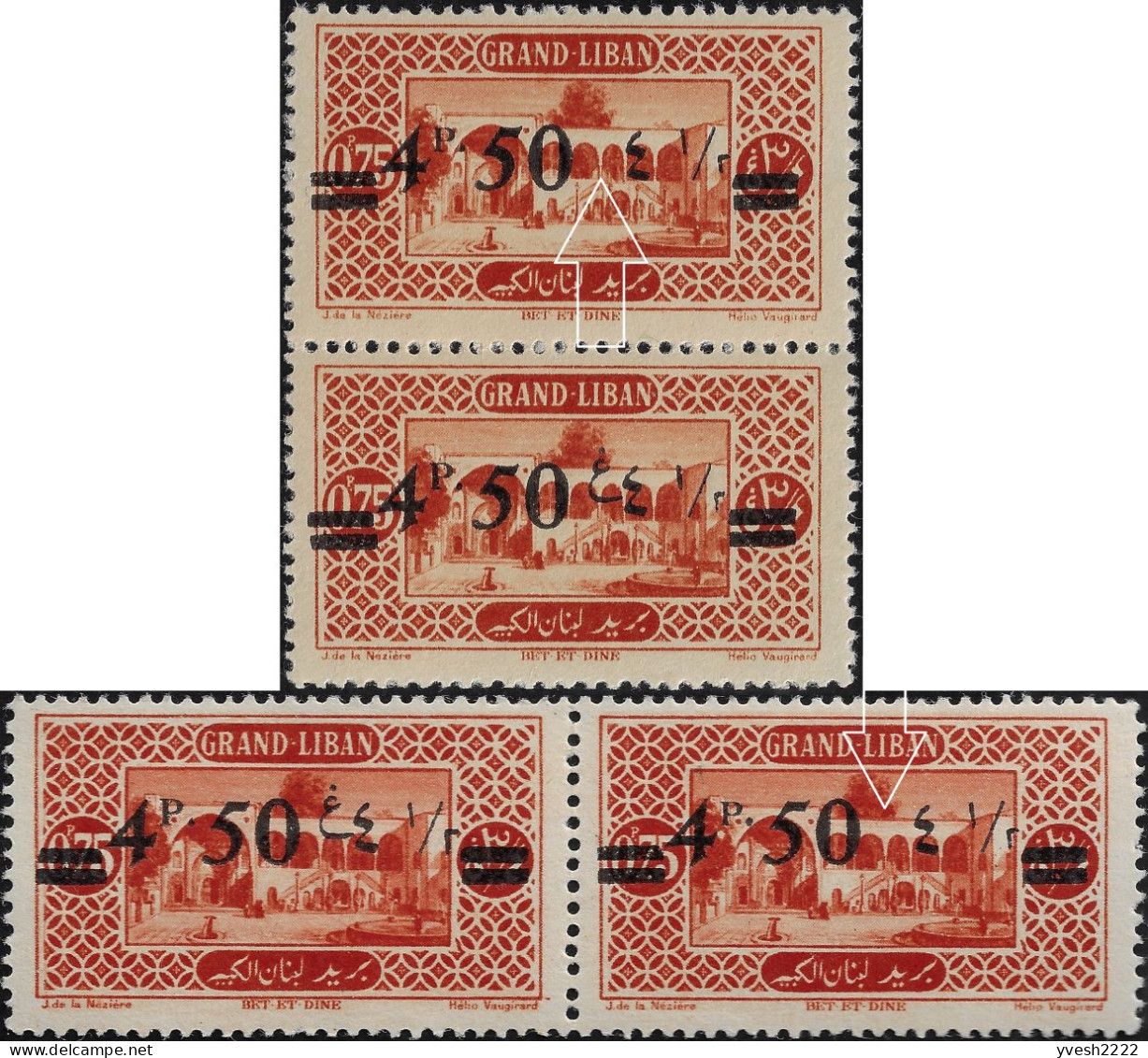 Grand Liban 1926 Y&T 77ca, Surcharge Incomplète Tenant à Normal, Paires Horizontale & Verticale. Couleurs Différentes - Nuevos