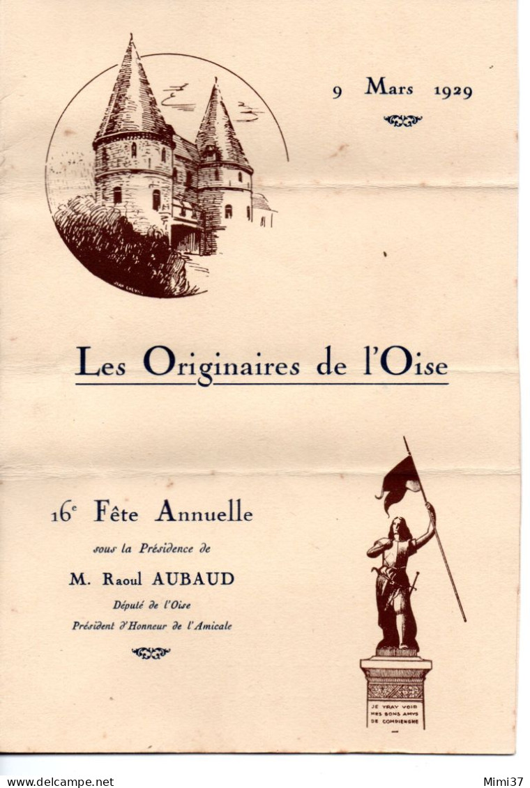 16° FETE ANNUELLE DES ORIGINAIRES DE L'OISE 9 MARS 1929 MENU ET PROGRAMME DE LA SOIREE - Menú