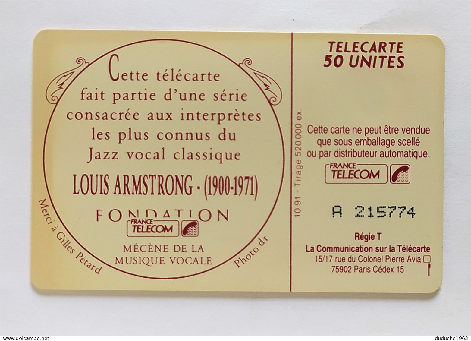 Télécarte France - L'Art Vocal. Louis Armstrong - Zonder Classificatie