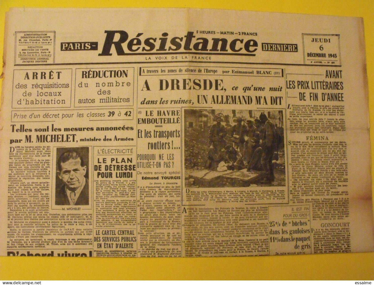 Paris Dernière Résistance N° 426 Du 6 Décembre 1945. Dresde Le Havre Michelet Nuremberg Goering Nankin Chine - Autres & Non Classés