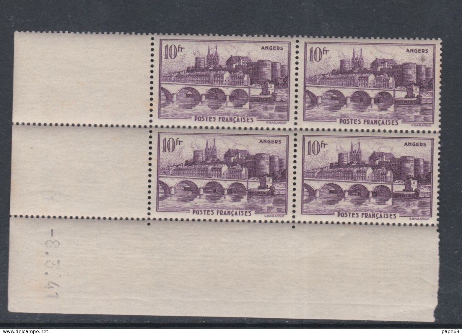 France N° 500 XX  Angers : 10 F., En Bloc De 4 Coin Daté Du 8 . 3 . 41 , Sans Charnière TB - 1940-1949